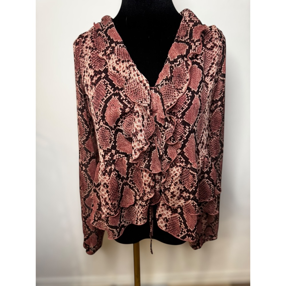 Y2K Feminine Sexy Party Sheer Snake Print Ruffle V Neck Long Sleeve‎ Top Women
